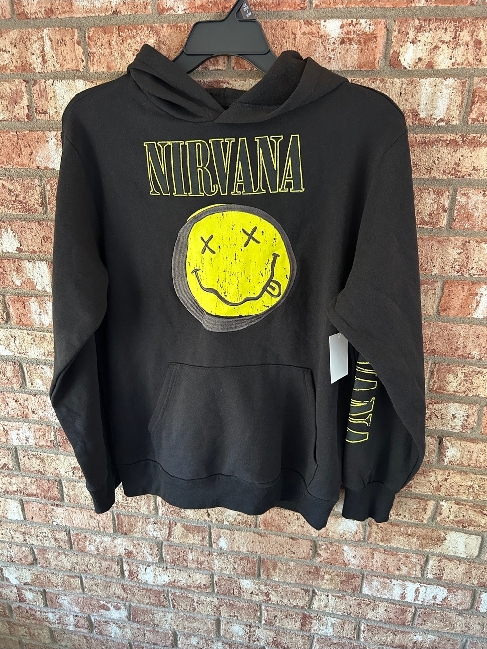 Men’s Medium NIRVANA Black Crewneck Sweater with Yellow Smiley Graphic